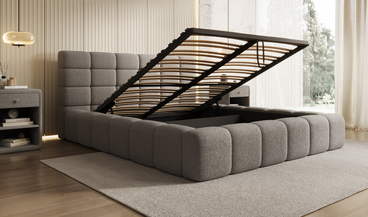 Designer Polsterbett Marshmallow in Teddy Bouclé mit Stauraum