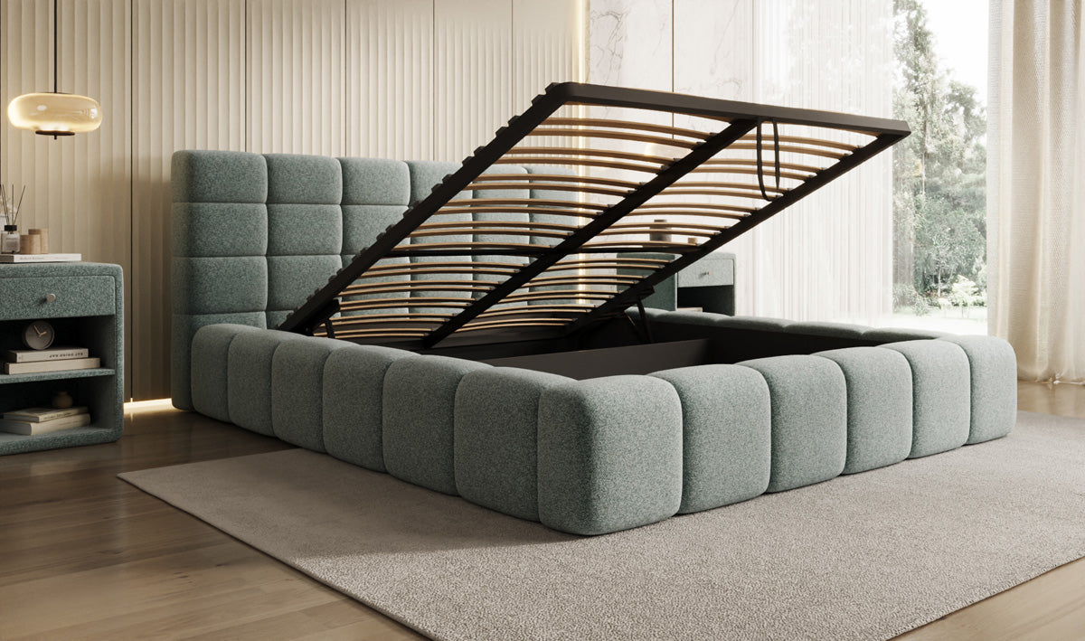 Designer Polsterbett Marshmallow in Strukturstoff mit Stauraum