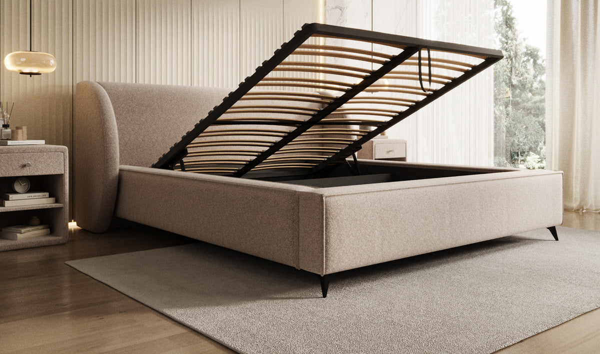 Designer Polsterbett Freya in Strukturstoff mit Stauraum