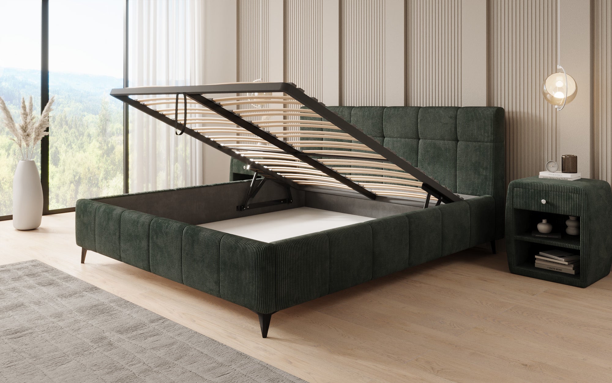 Designer Polsterbett Nelly in Cord mit Stauraum