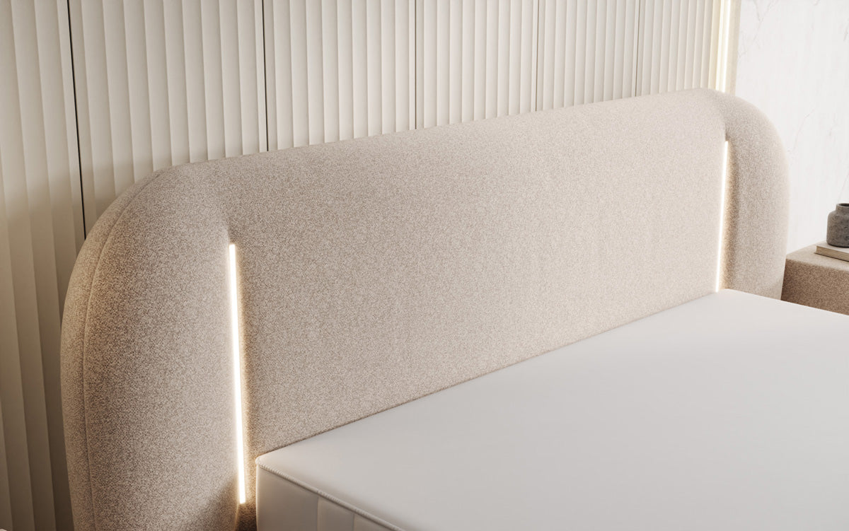 Designer Polsterbett Momo in Strukturstoff mit Stauraum und LED