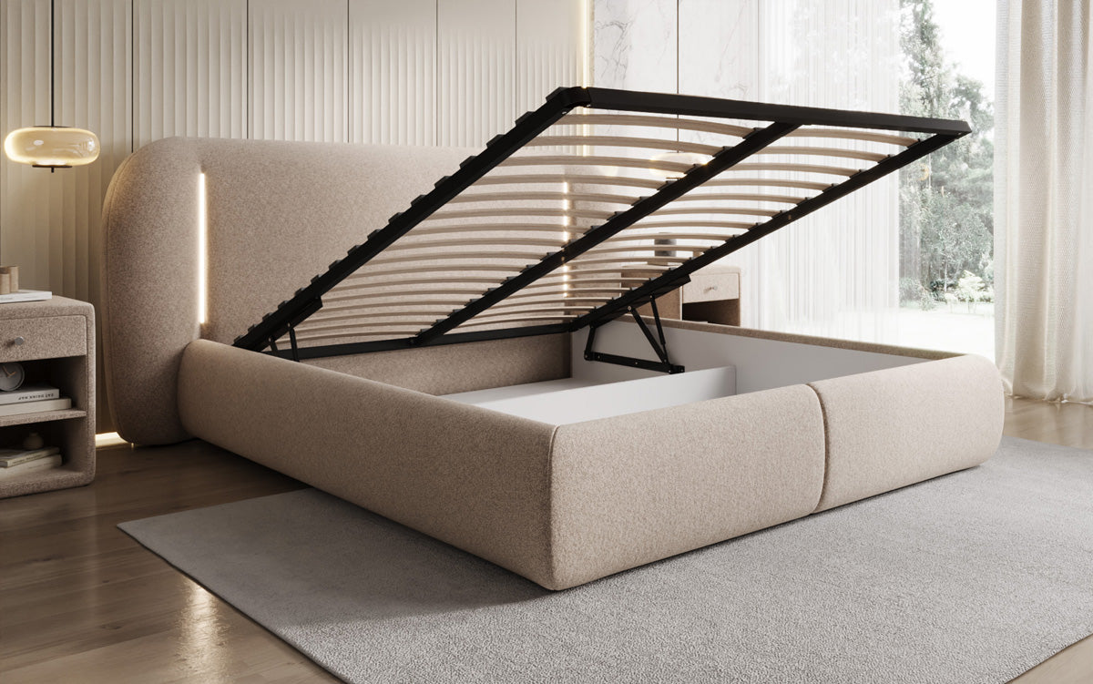 Designer Polsterbett Momo in Strukturstoff mit Stauraum und LED