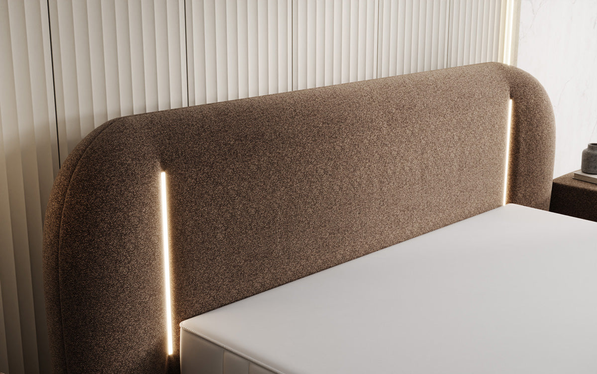 Designer Polsterbett Momo in Strukturstoff mit Stauraum und LED