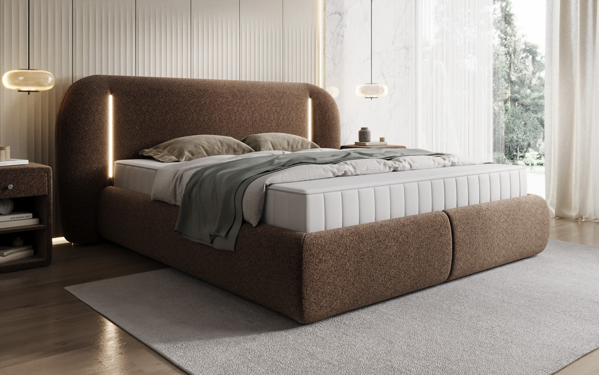 Designer Polsterbett Momo in Strukturstoff mit Stauraum und LED