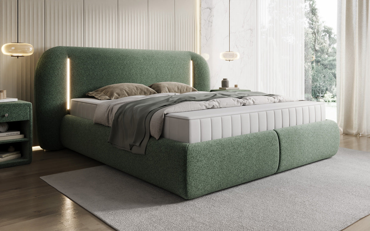 Designer Polsterbett Momo in Strukturstoff mit Stauraum und LED