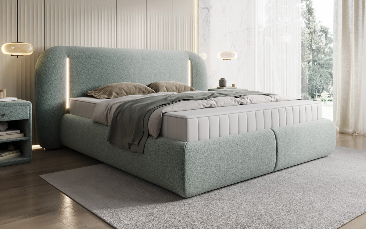 Designer Polsterbett Momo in Strukturstoff mit Stauraum und LED