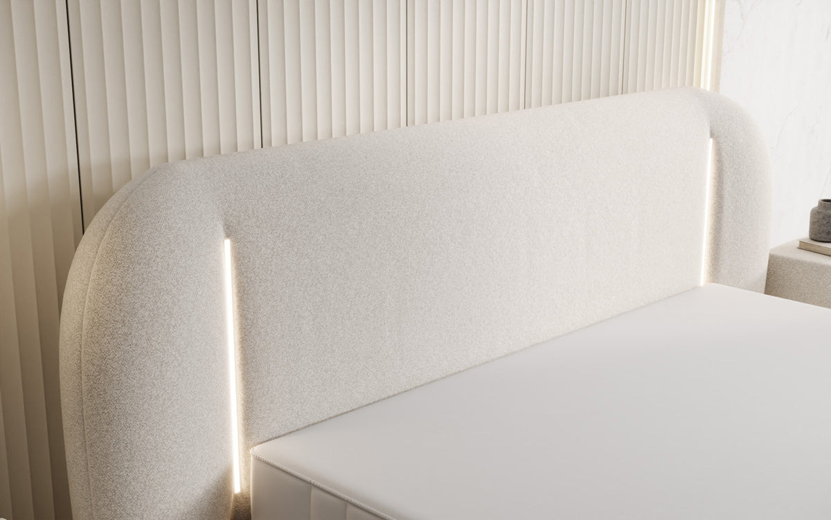 Designer Polsterbett Momo in Strukturstoff mit Stauraum und LED