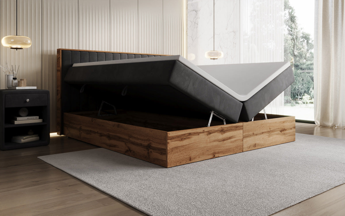Boxspringbett Timber Line mit Stauraum in Samt