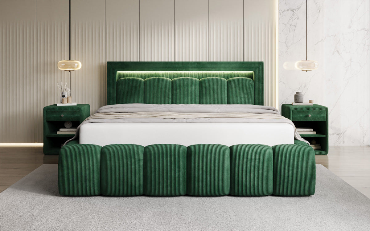 Designer Polsterbett Lume in Cord mit Stauraum und RGB Beleuchtung