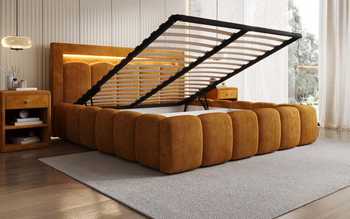 Designer Polsterbett Lume in Cord mit Stauraum und RGB Beleuchtung