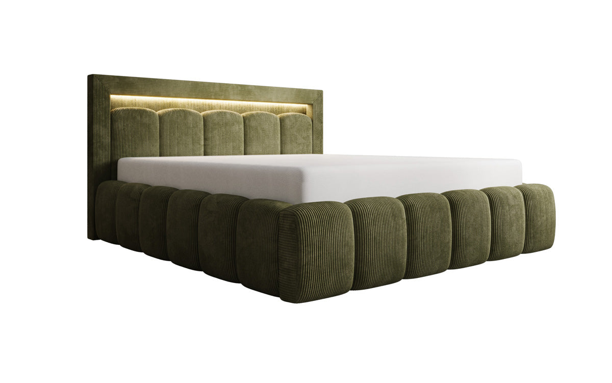 Designer Polsterbett Lume in Cord mit Stauraum und RGB Beleuchtung