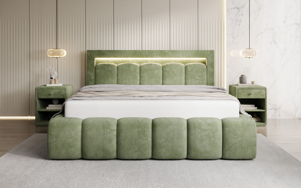 Designer Polsterbett Lume in Cord mit Stauraum und RGB Beleuchtung