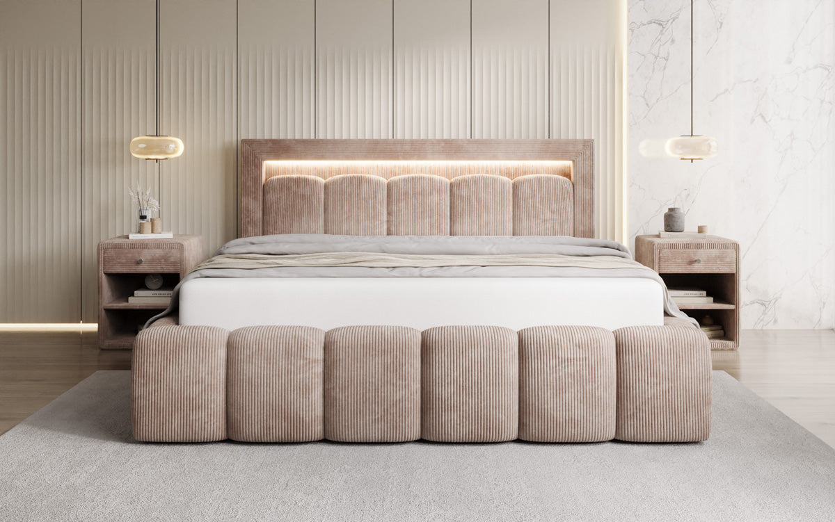 Designer Polsterbett Lume in Cord mit Stauraum und RGB Beleuchtung