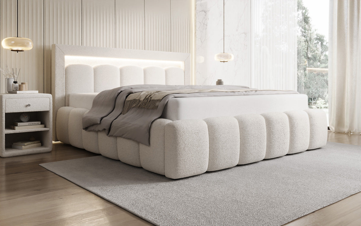 Designer Polsterbett Lume in Teddy Bouclé mit Stauraum und RGB Beleuchtung