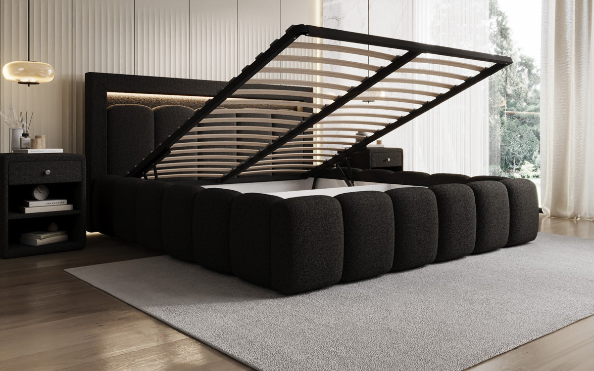 Designer Polsterbett Lume in Teddy Bouclé mit Stauraum und RGB Beleuchtung