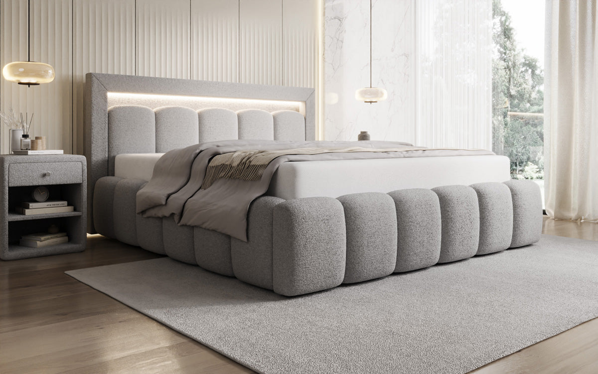 Designer Polsterbett Lume in Teddy Bouclé mit Stauraum und RGB Beleuchtung