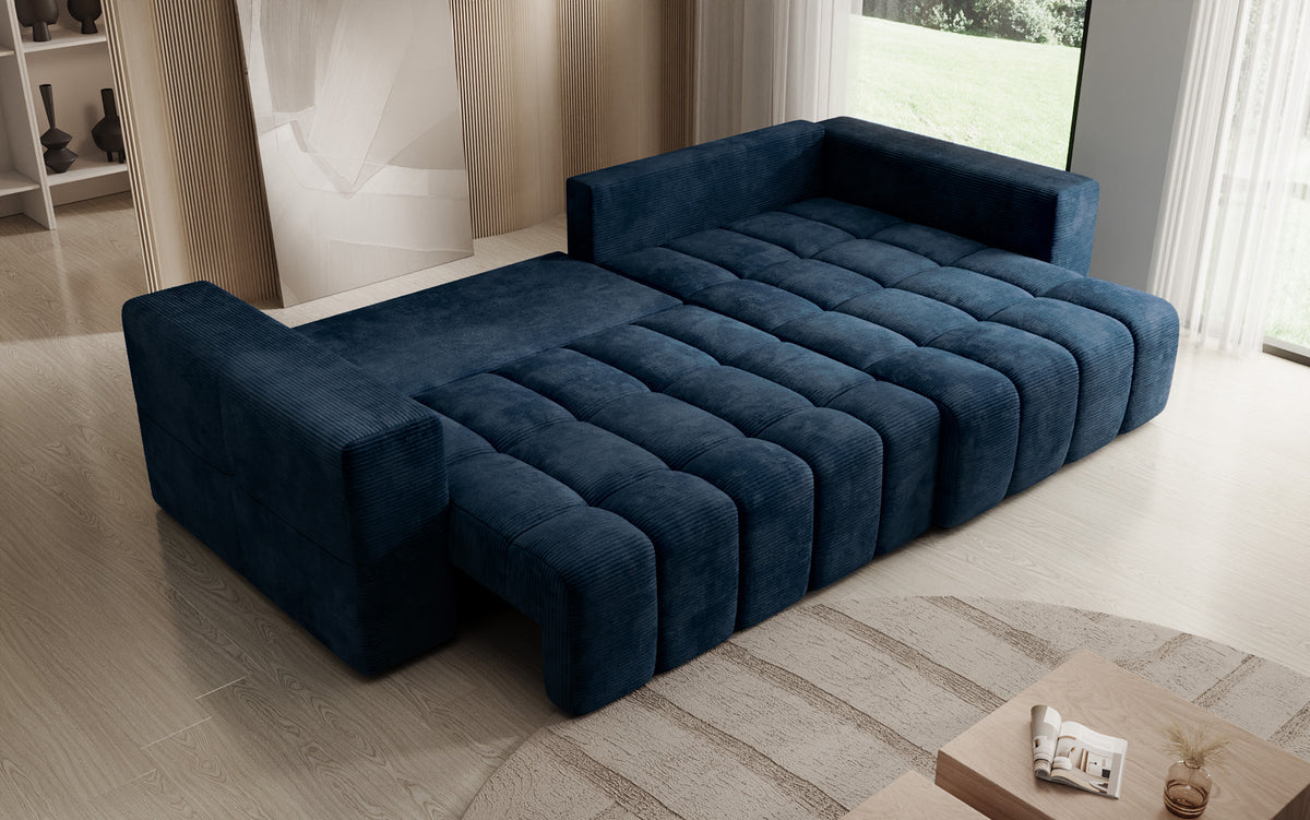 Designer Ecksofa Momo mit Schlaf- und Klappfunktion in Cord