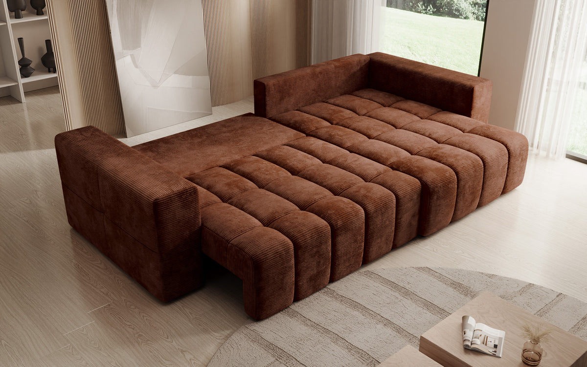 Designer Ecksofa Momo mit Schlaf- und Klappfunktion in Cord