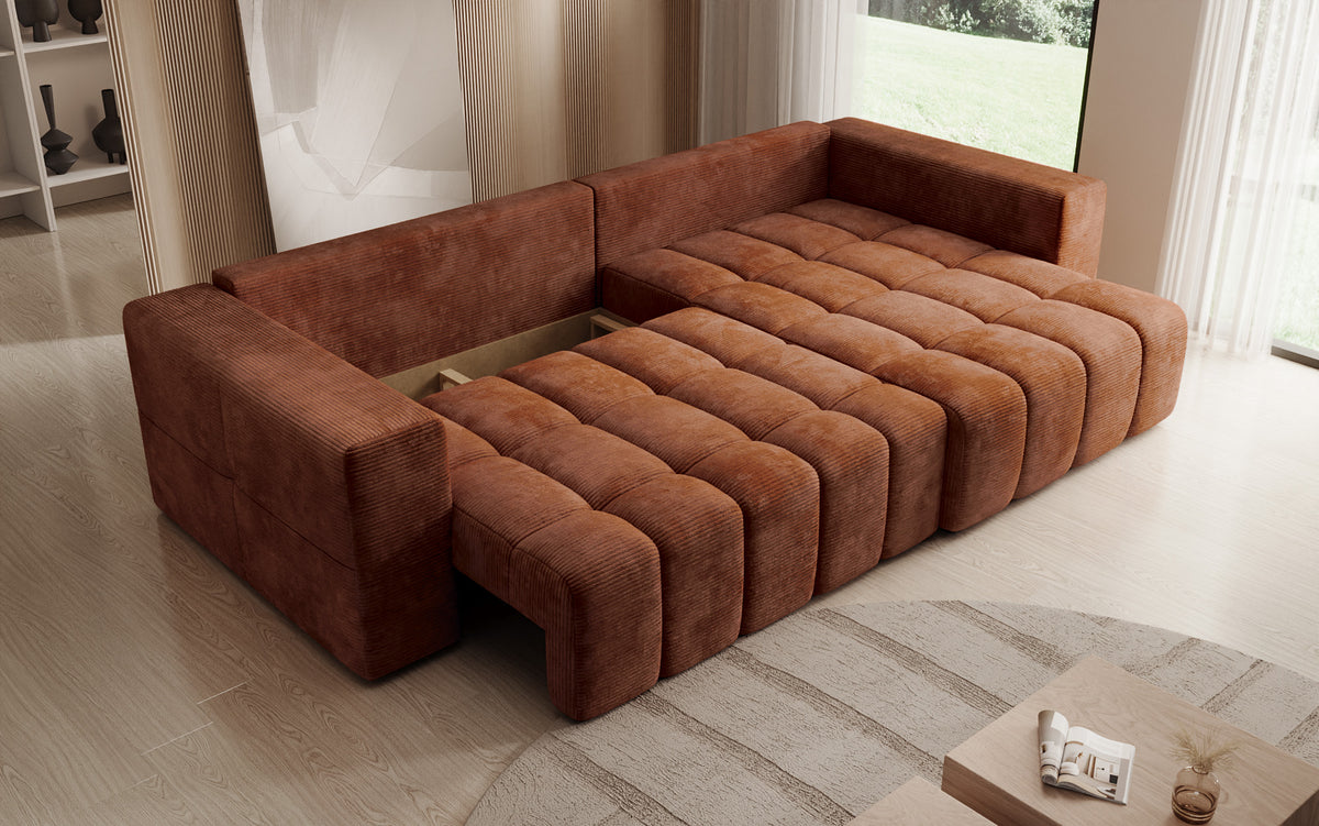 Designer Ecksofa Momo mit Schlaf- und Klappfunktion in Cord