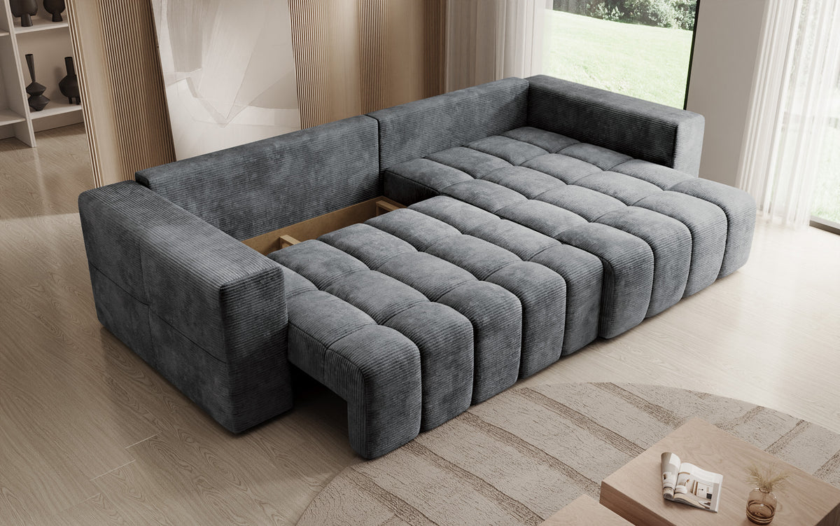 Designer Ecksofa Momo mit Schlaf- und Klappfunktion in Cord