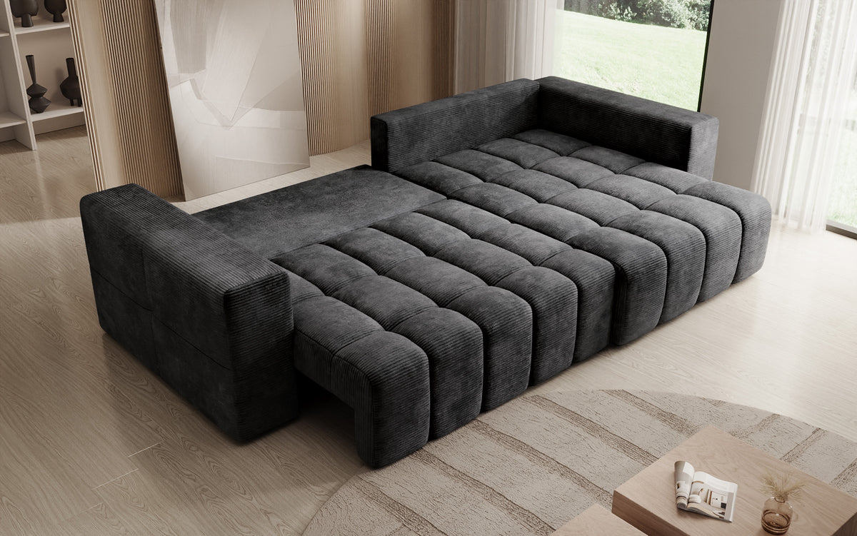 Designer Ecksofa Momo mit Schlaf- und Klappfunktion in Cord