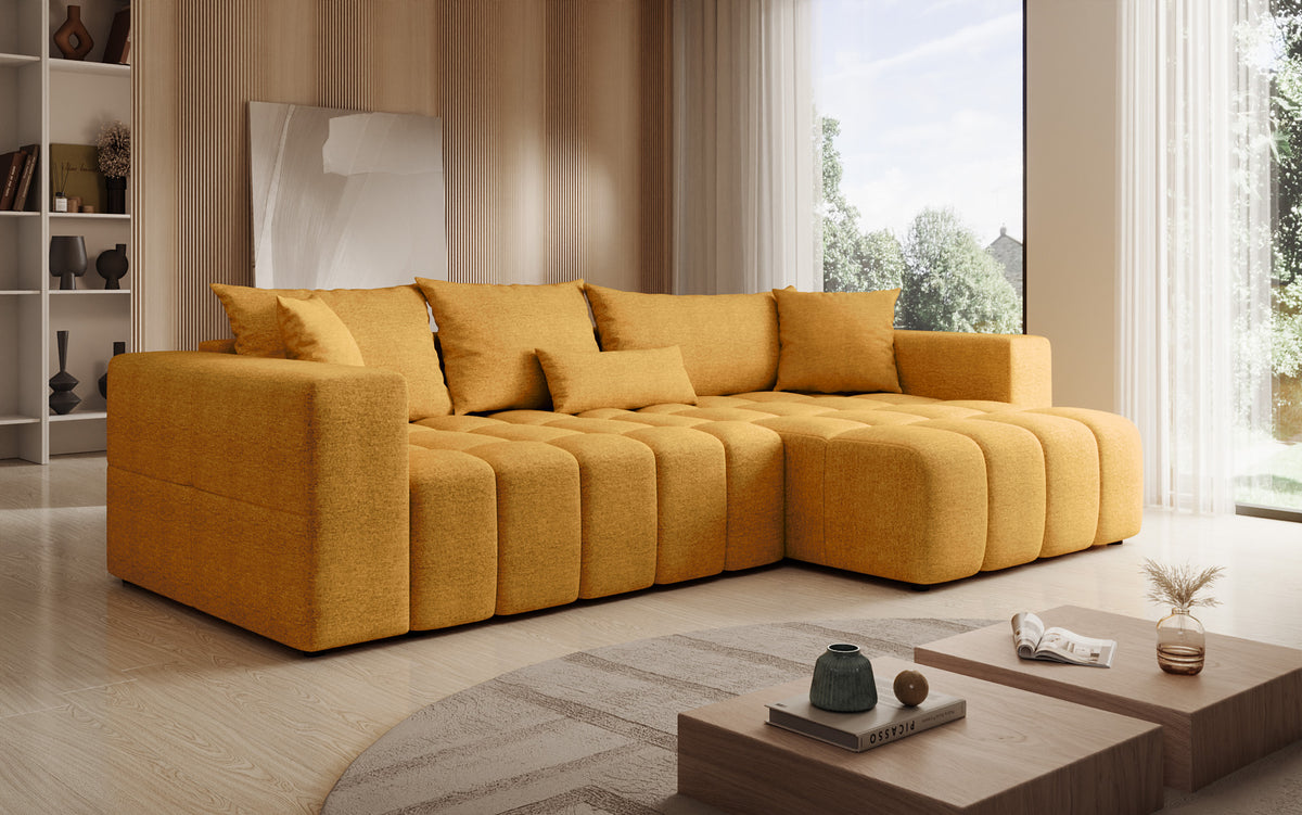 Designer Ecksofa Momo mit Schlaf- und Klappfunktion in Strukturstoff