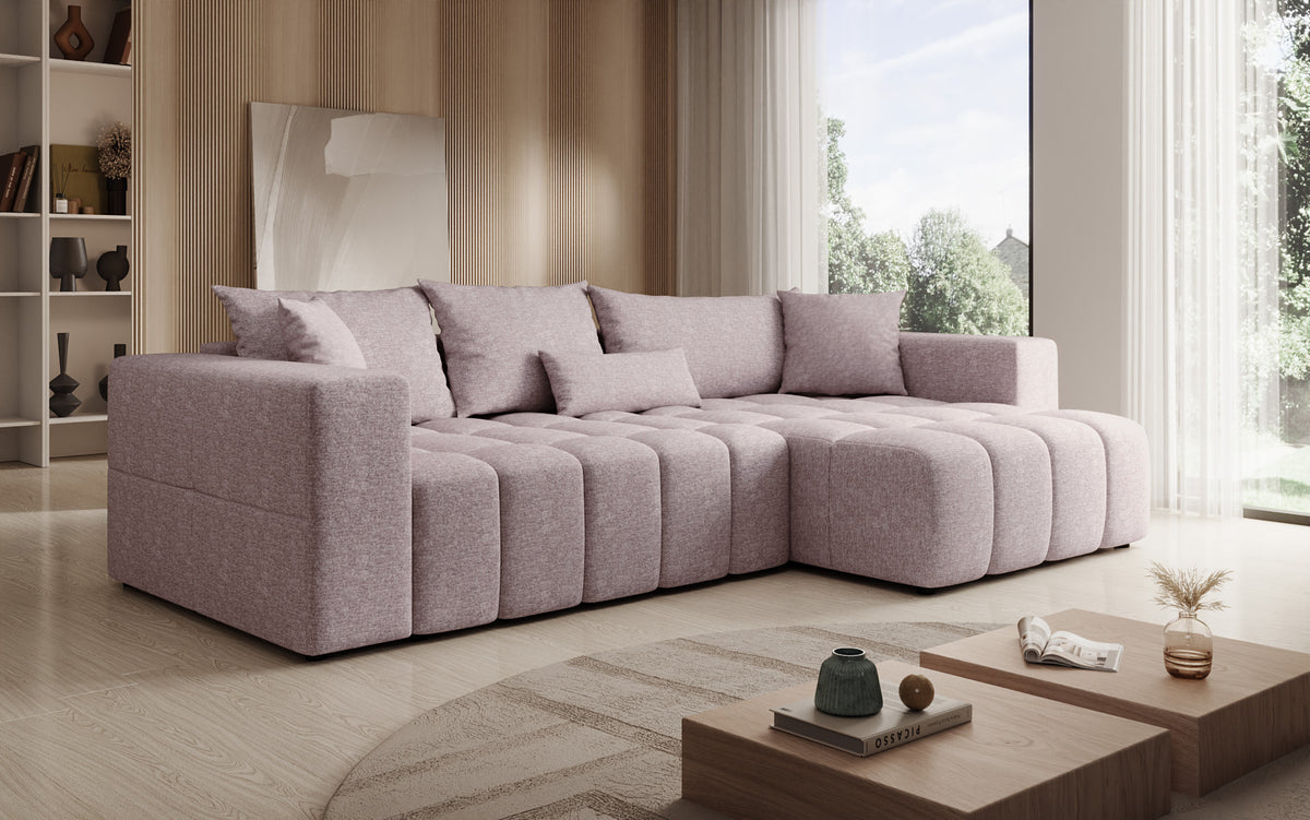 Designer Ecksofa Momo mit Schlaf- und Klappfunktion in Strukturstoff