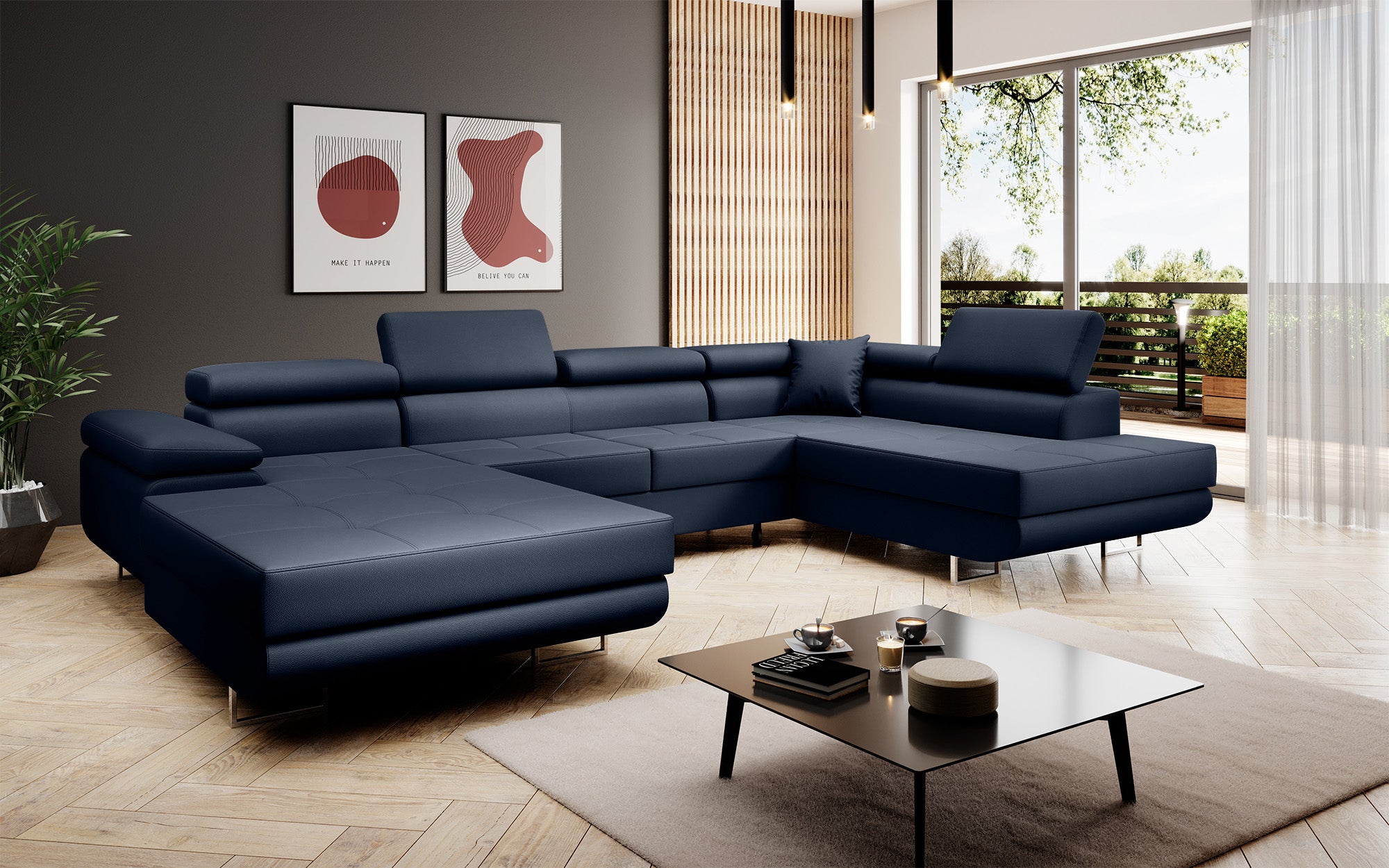Designer sofa Lago with sleep and folding function in faux leather