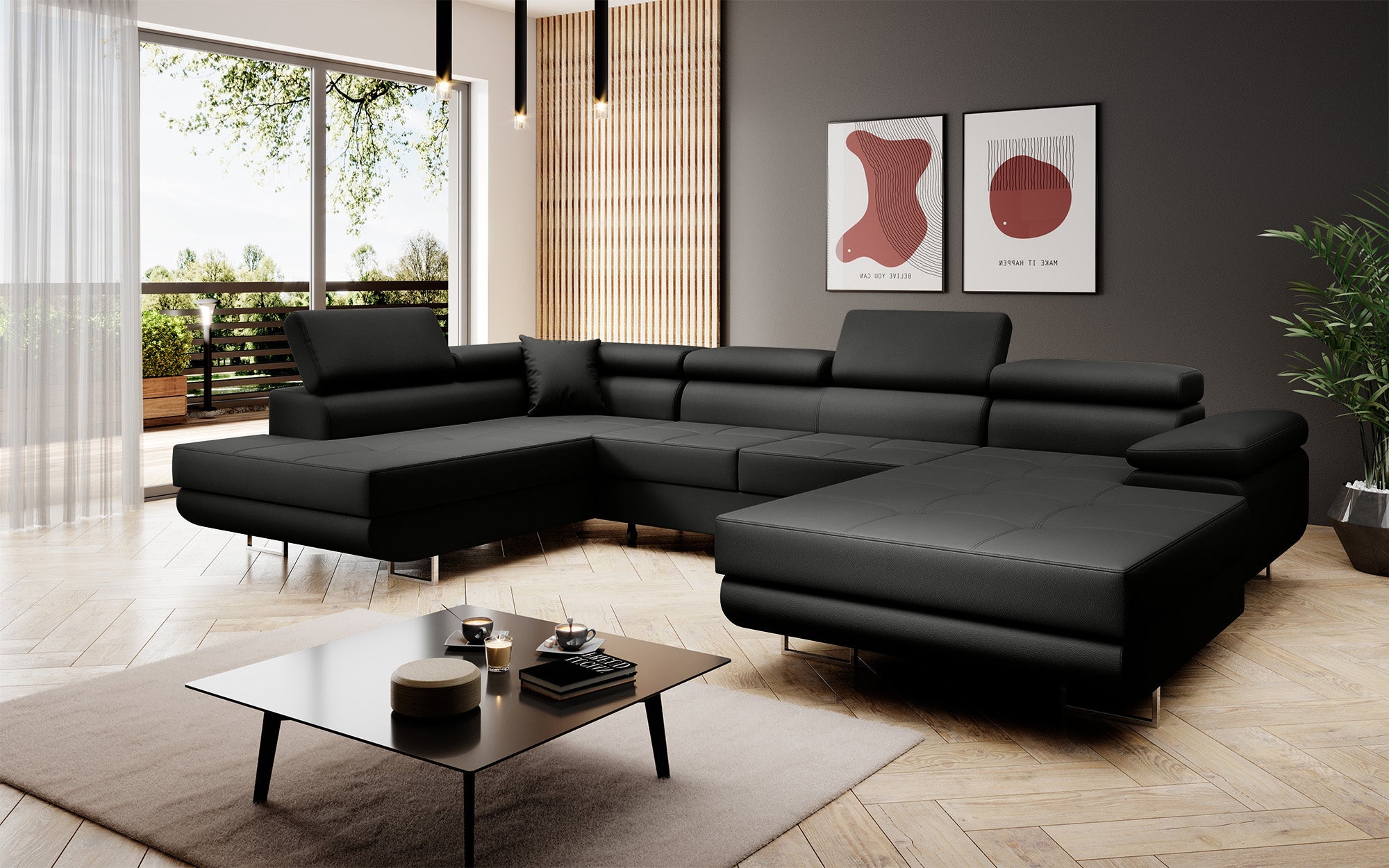 Designer sofa Lago with sleep and folding function in faux leather