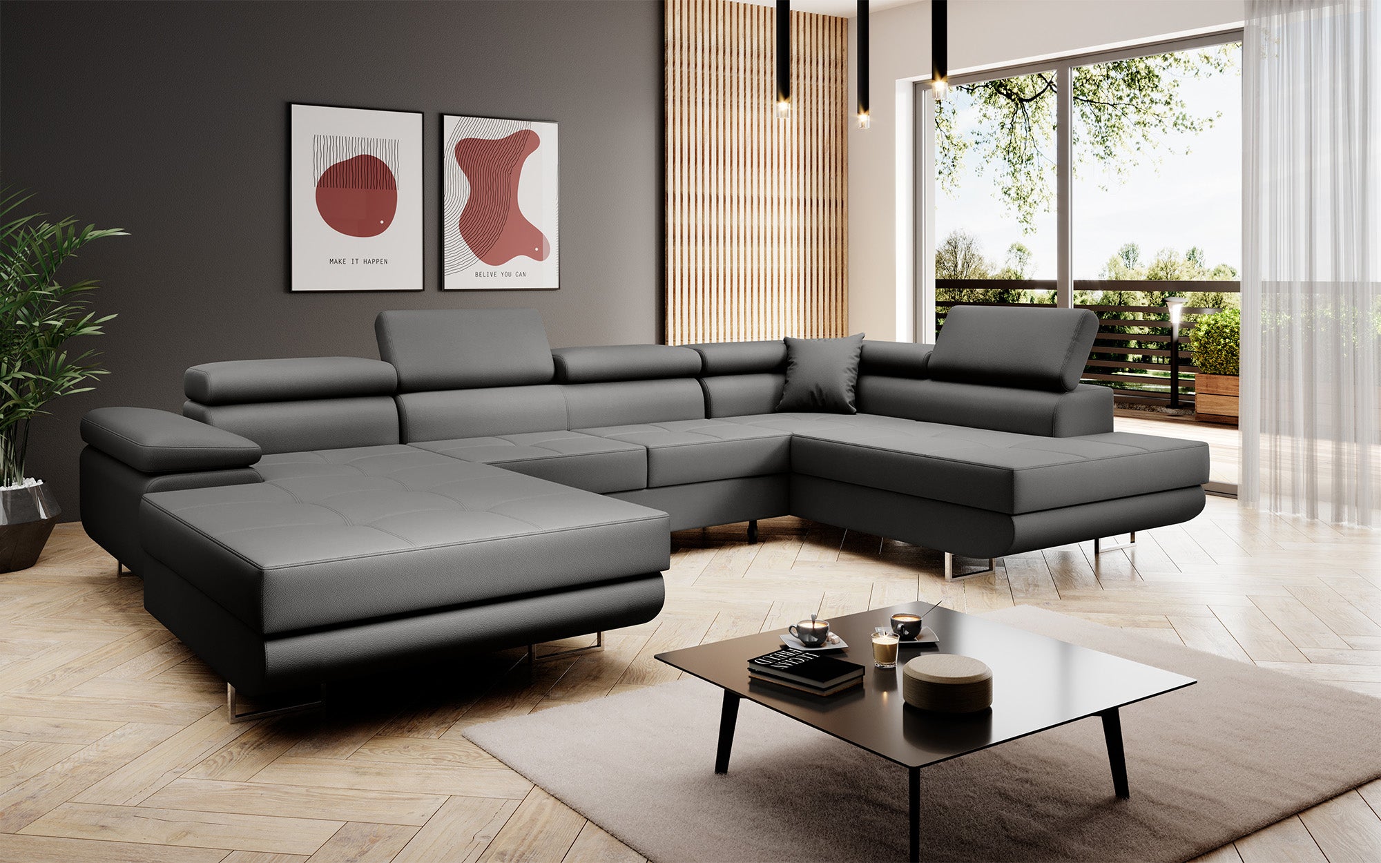 Designer sofa Lago with sleep and folding function in faux leather