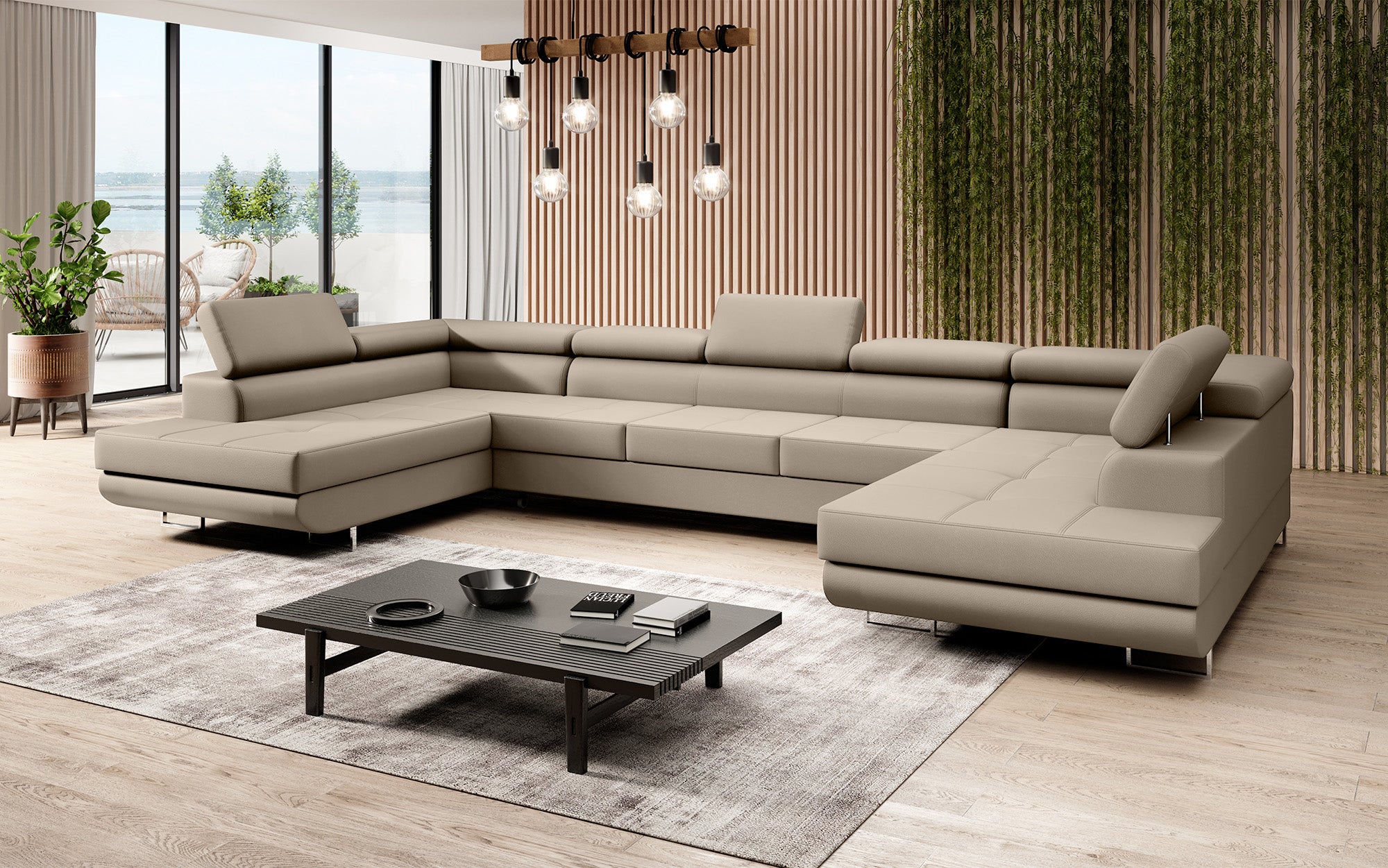 Designer sofa Taormina with sleeping and folding function in artificial leather