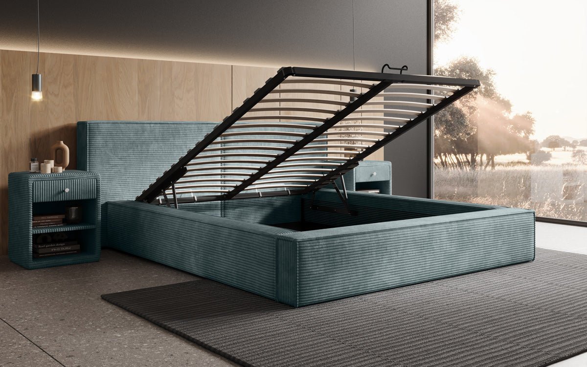 Designer Polsterbett Ophelia in Cord mit Stauraum