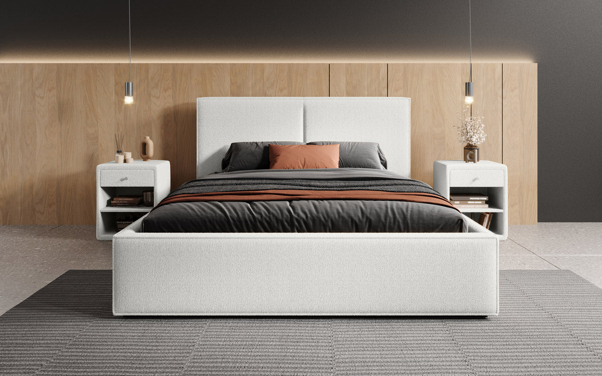 Designer upholstered bed Elara in bouclé with storage