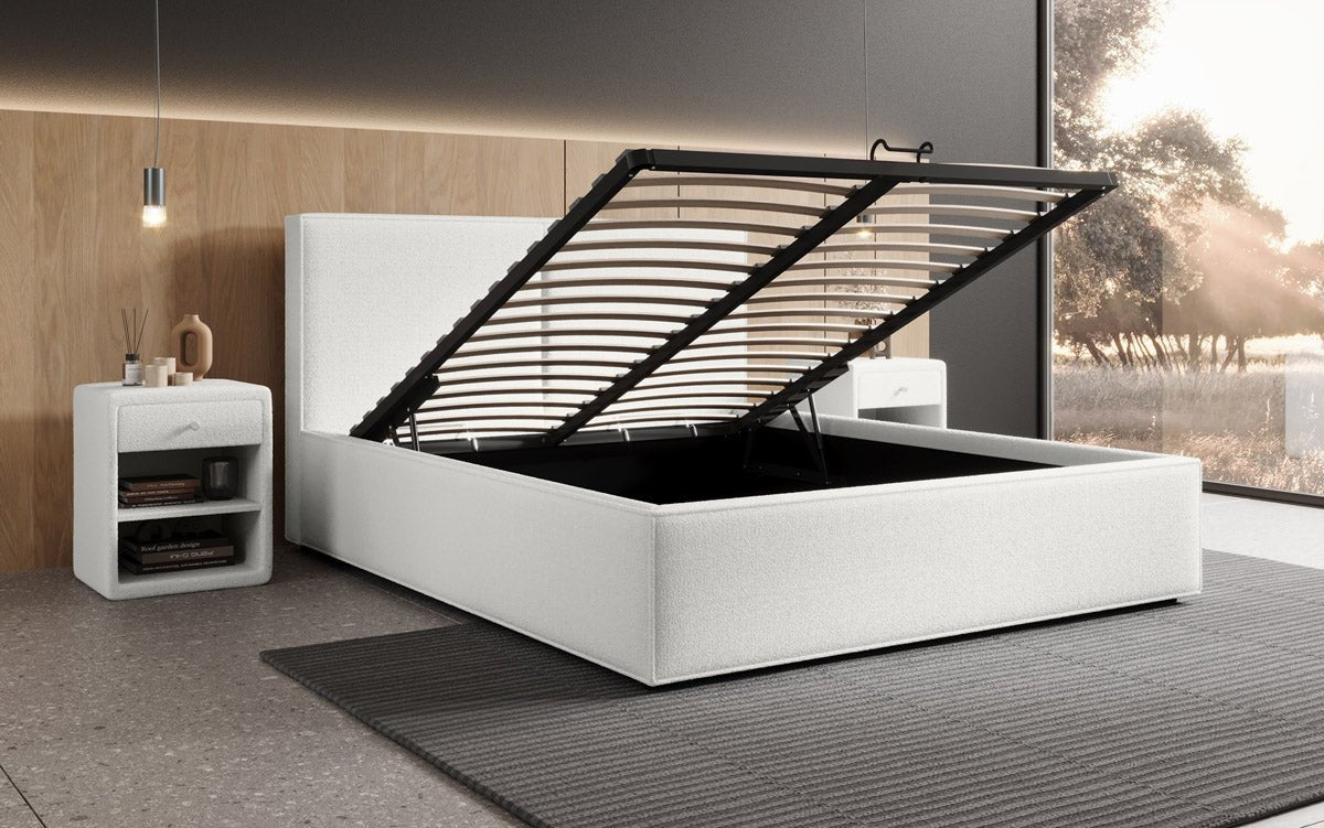 Designer upholstered bed Elara in bouclé with storage