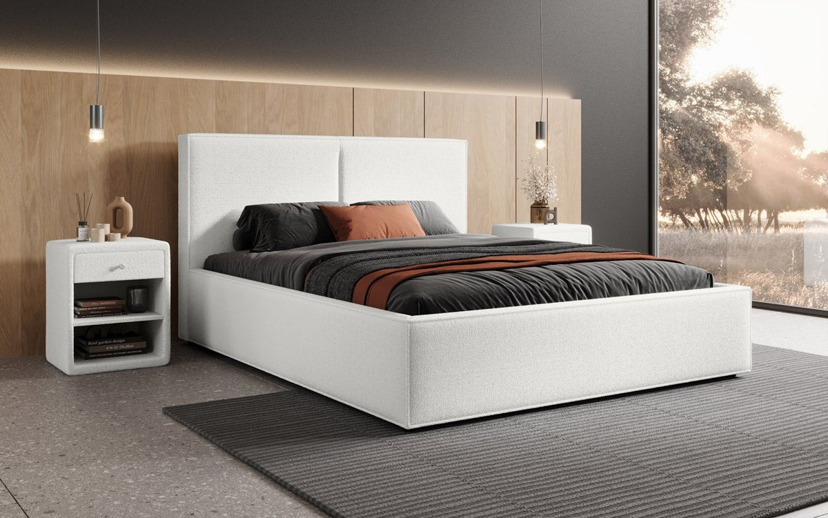 Designer upholstered bed Elara in bouclé with storage
