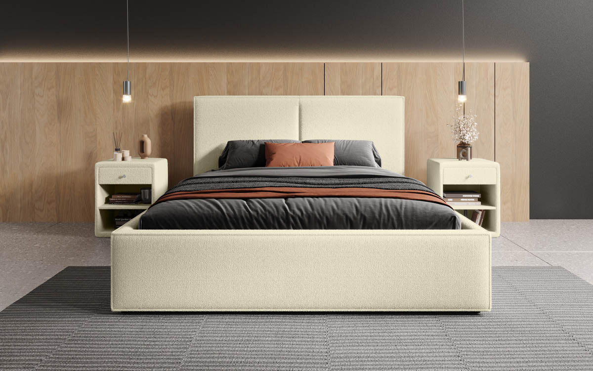 Designer upholstered bed Elara in bouclé with storage