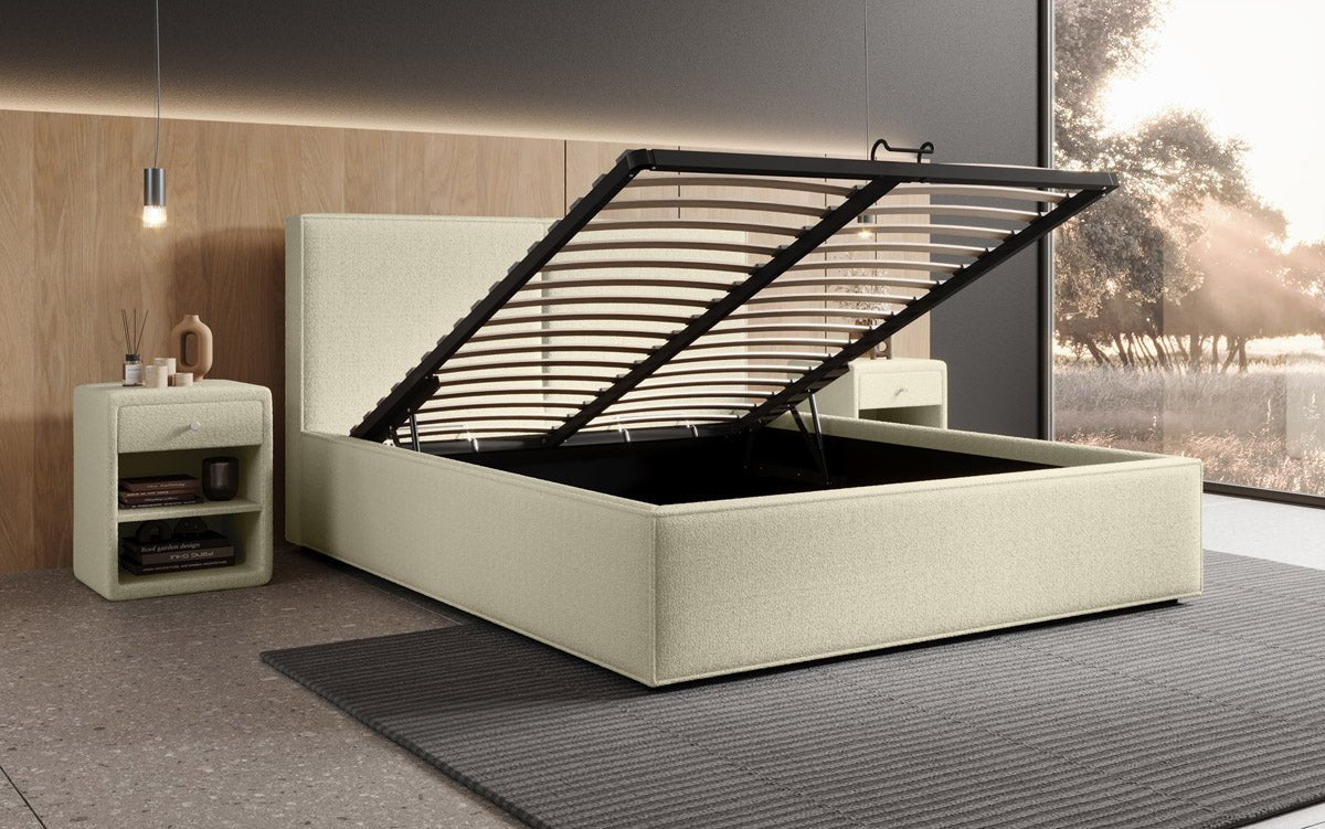 Designer upholstered bed Elara in bouclé with storage