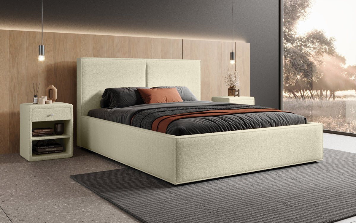 Designer upholstered bed Elara in bouclé with storage