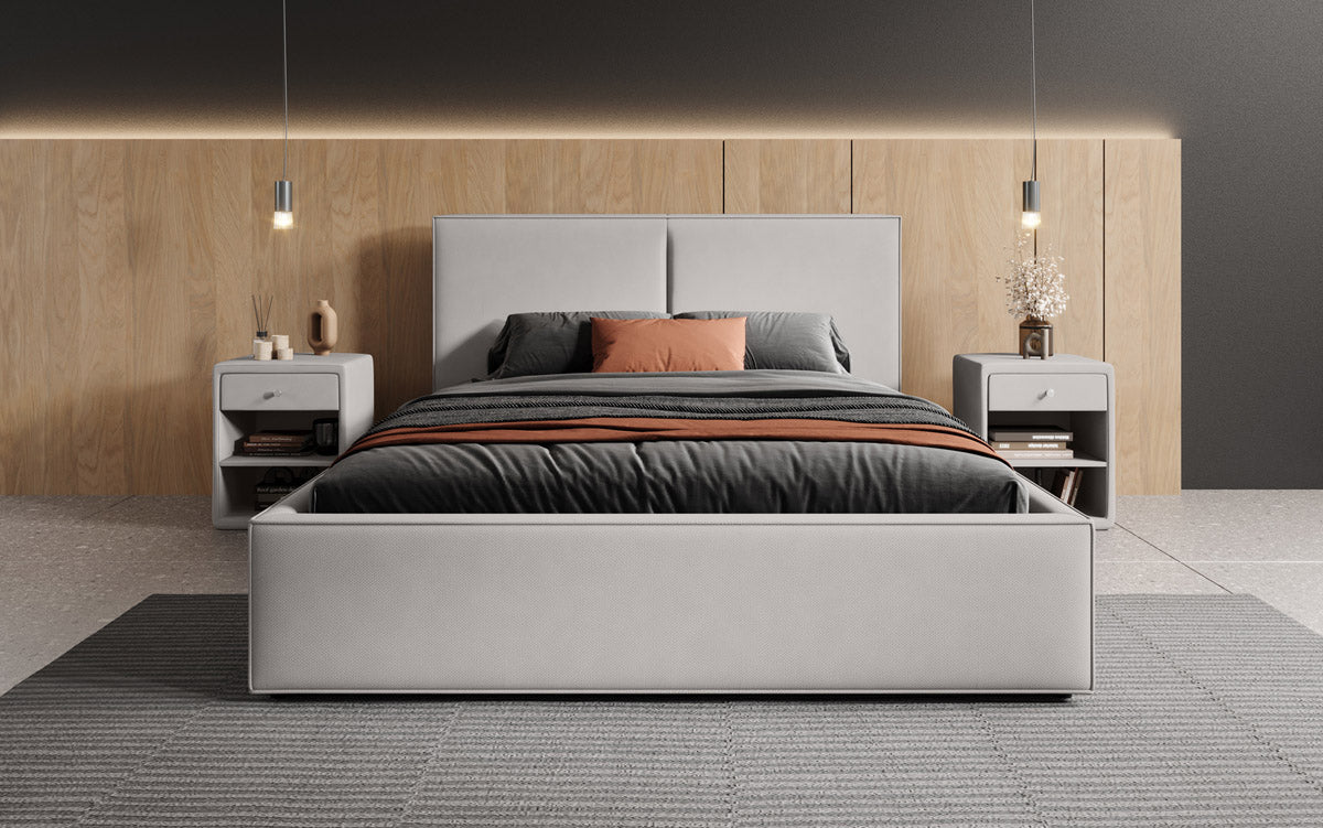 Designer upholstered bed Elara in fabric with storage