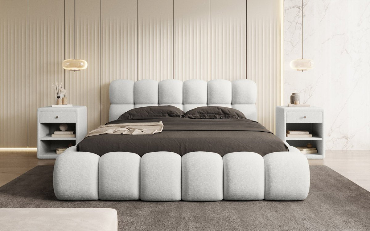 Designer Boston Bouclé upholstered bed with storage