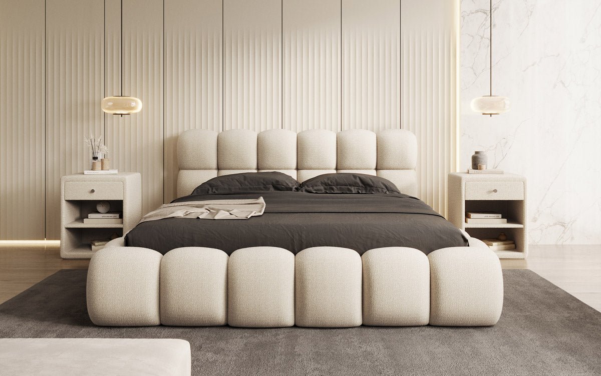 Designer Boston Bouclé upholstered bed with storage