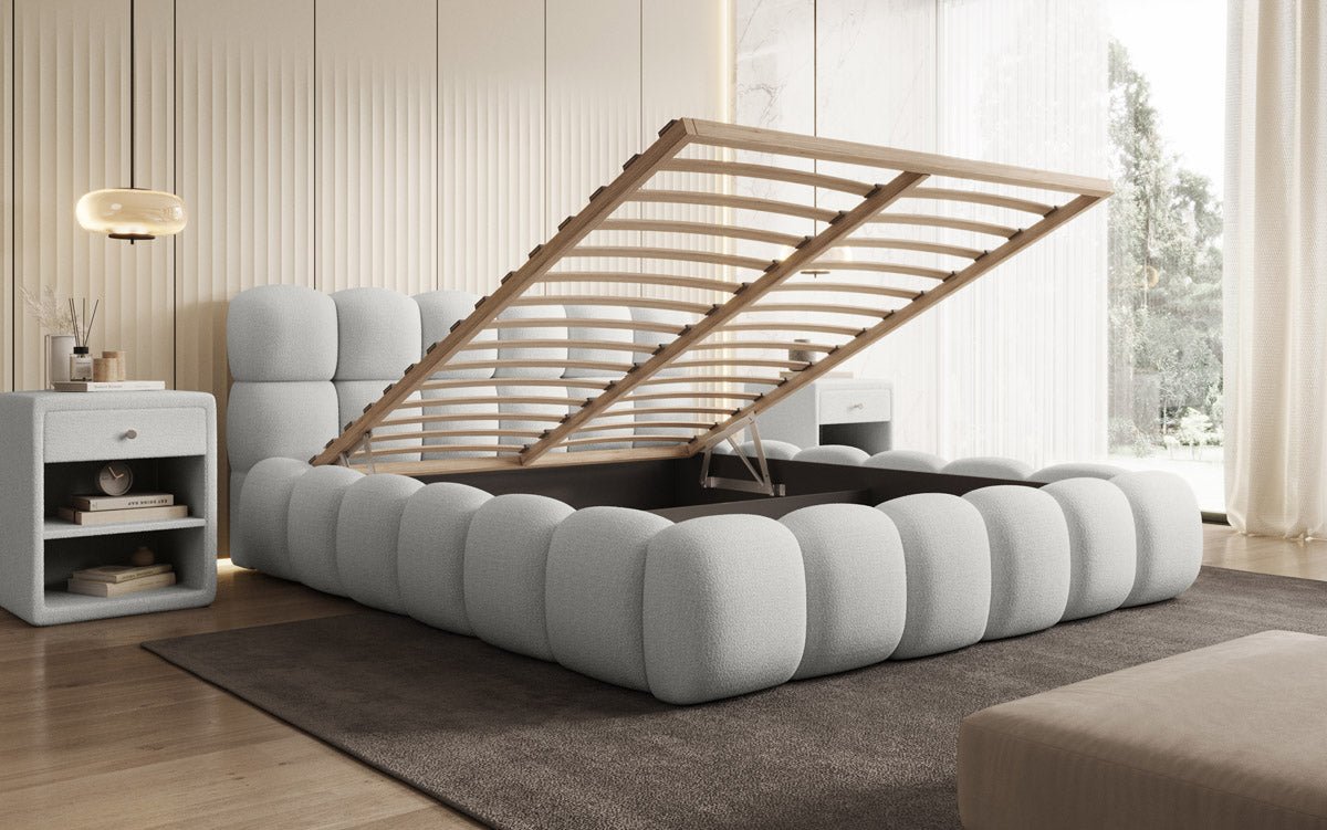 Designer Boston Bouclé upholstered bed with storage