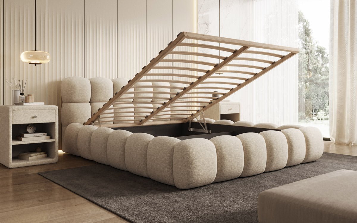 Designer Boston Bouclé upholstered bed with storage