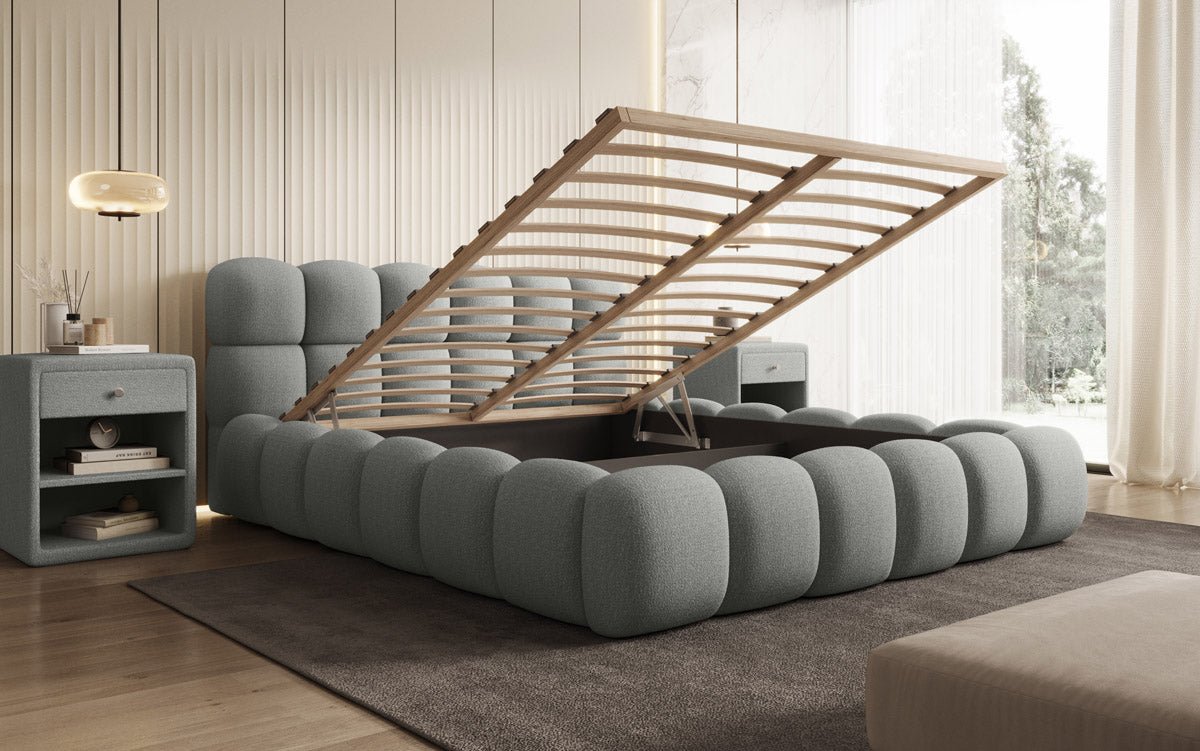 Designer Boston Bouclé upholstered bed with storage