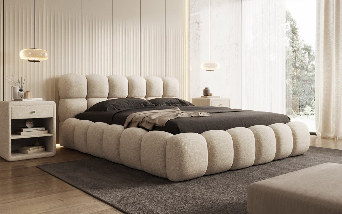 Designer Boston Bouclé upholstered bed with storage