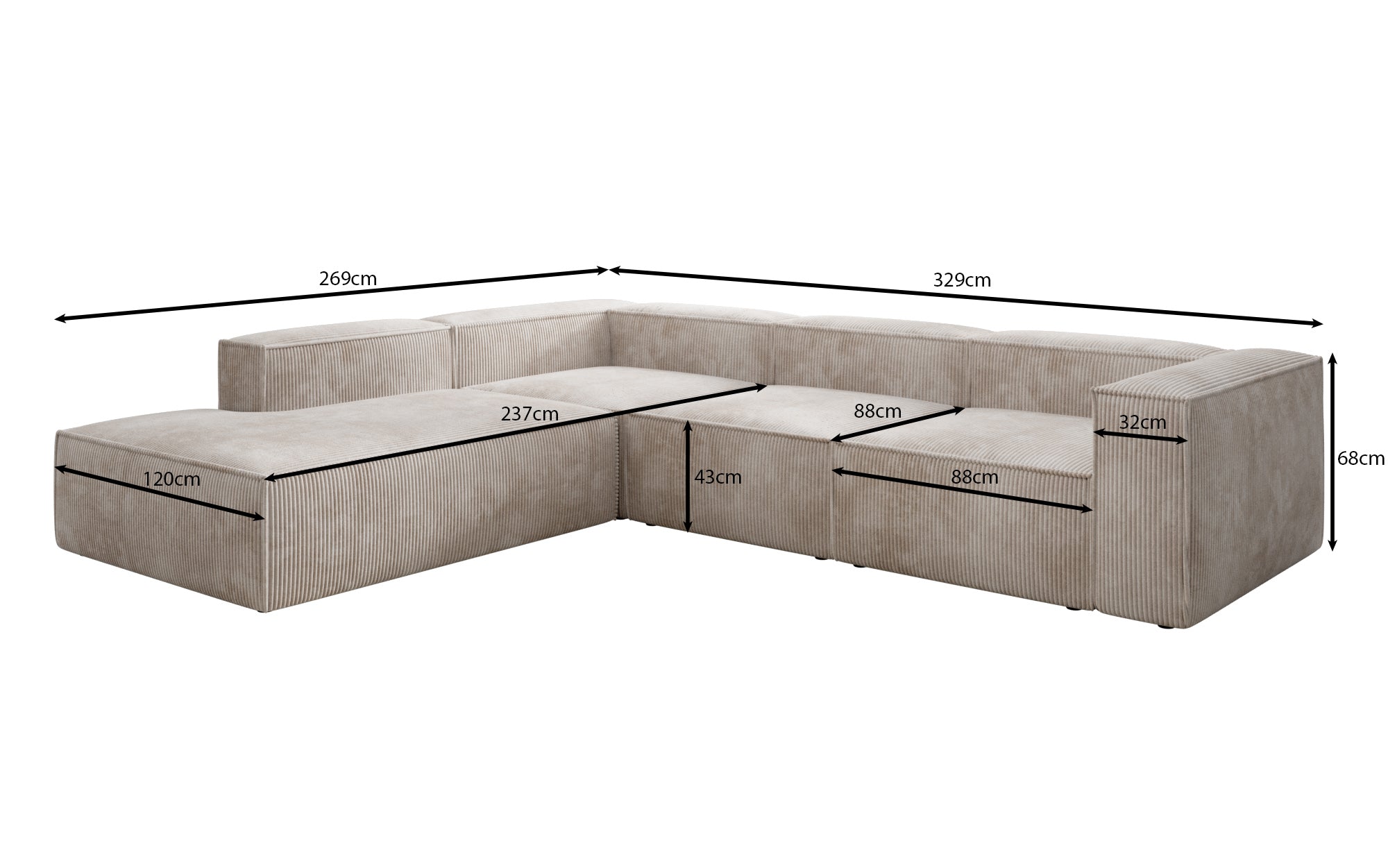 Designer Sofa Lesley L mit langer Ottomane in Cord