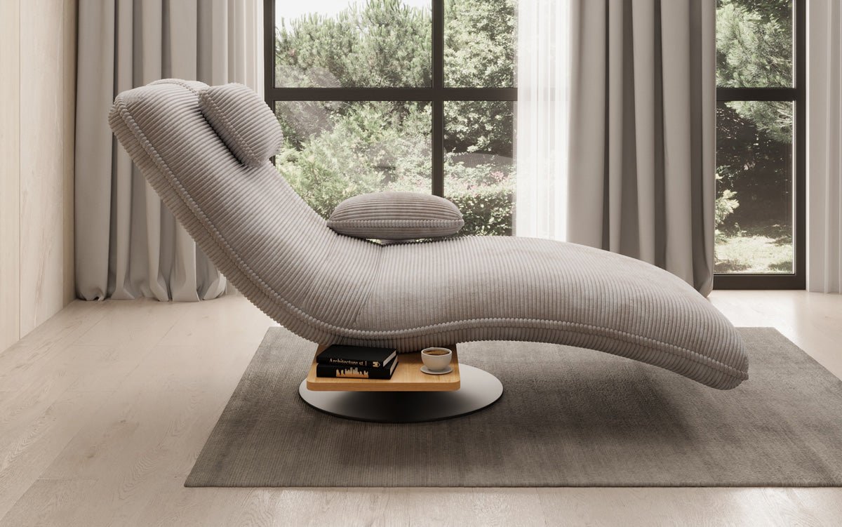Designer Relax-Liege Velor Cord mit Drehfunktion und Beistelltisch
