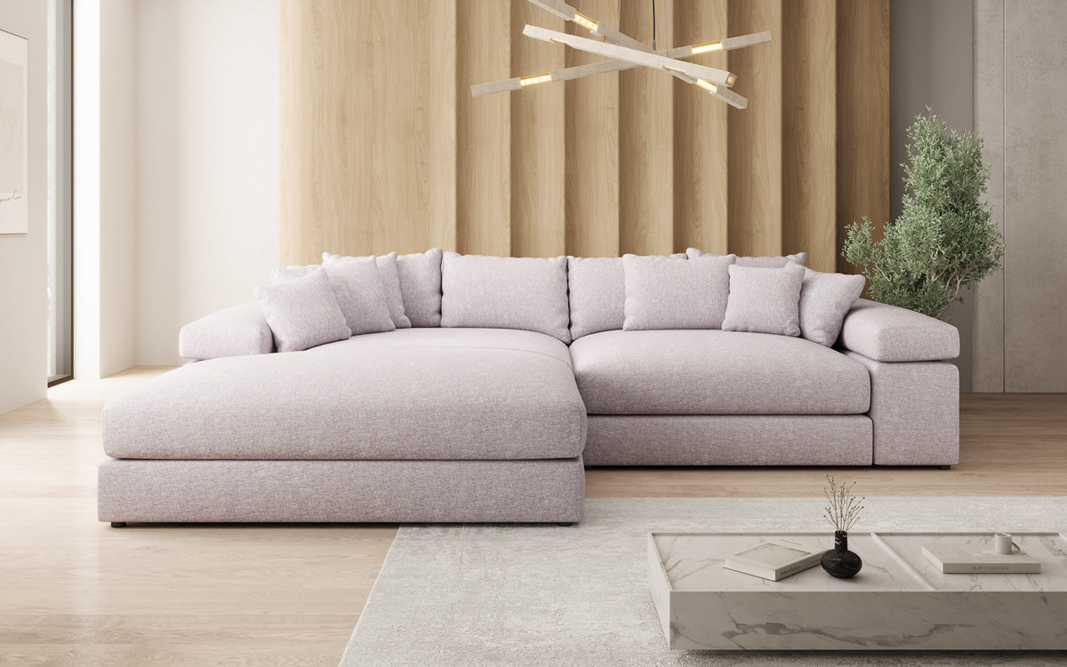 Designer Ecksofa Bernardo mit breiter Ottomane in Strukturstoff