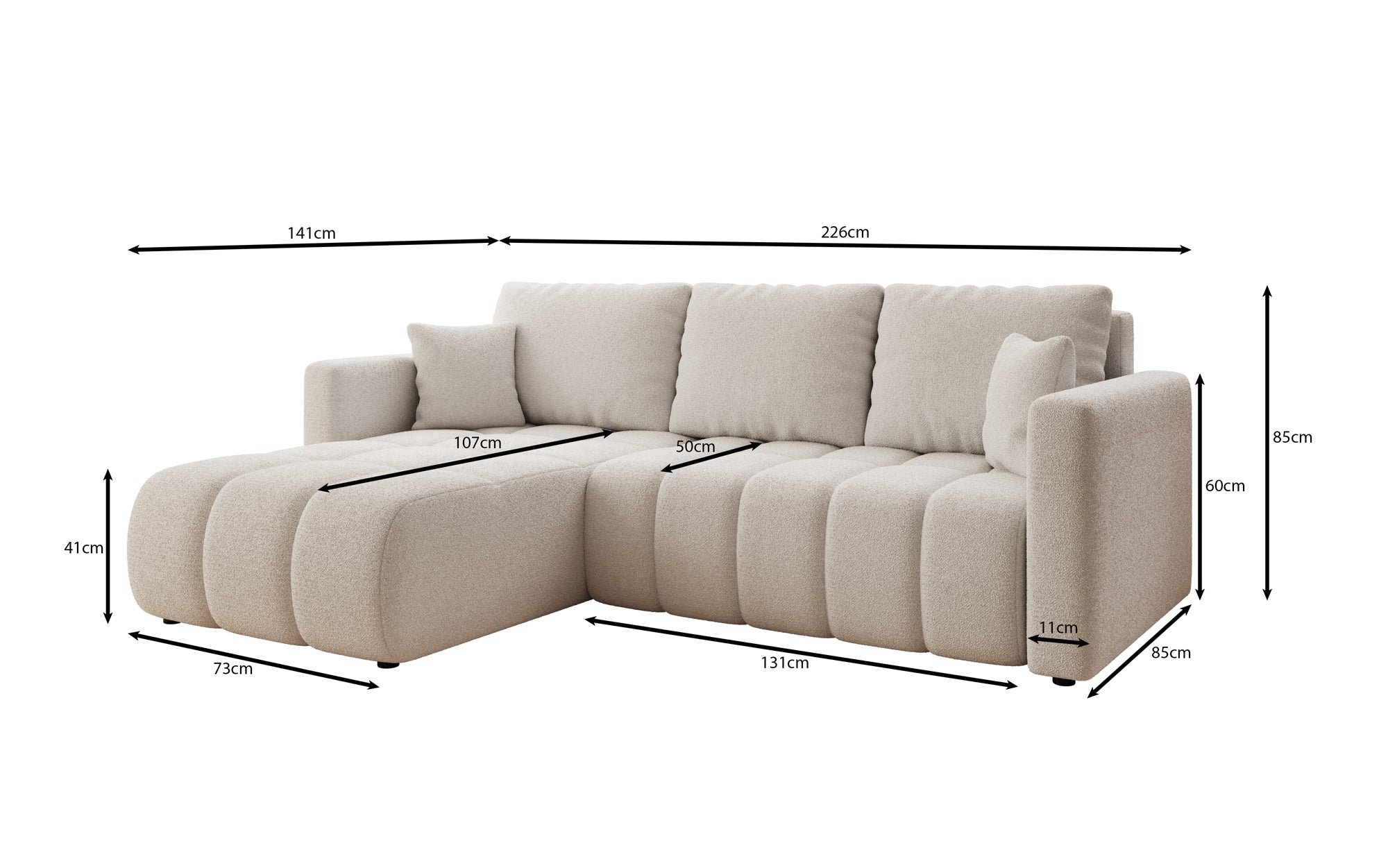 Designer Sofa Beatrice L mit Schlaf- und Klappfunktion in Bouclé