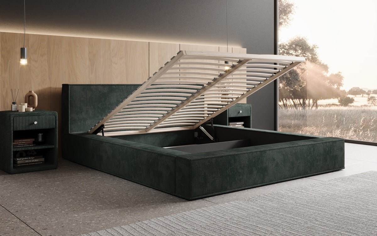 Designer Polsterbett Harmon in Cord mit Stauraum
